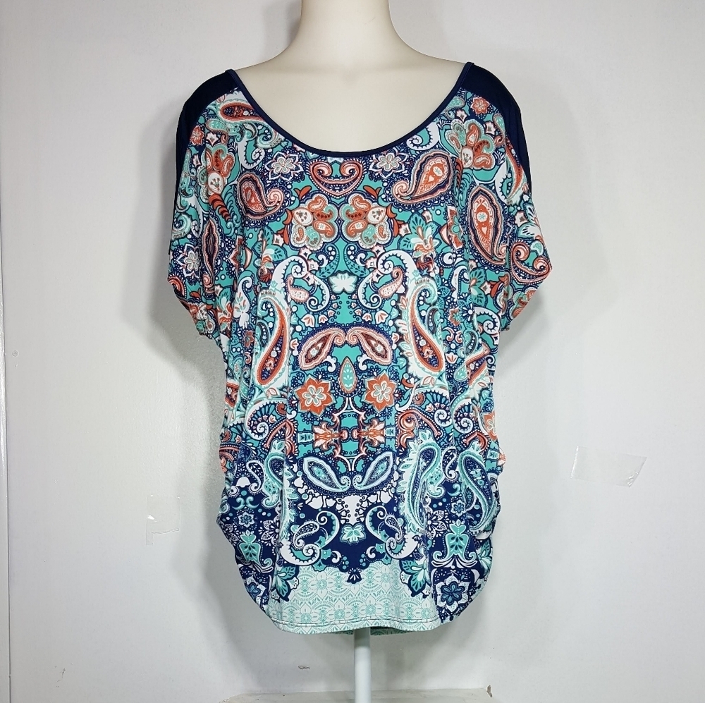 Orange and Blue Relaxed Dolman Sleeve Blouse - Picture 4 of 6